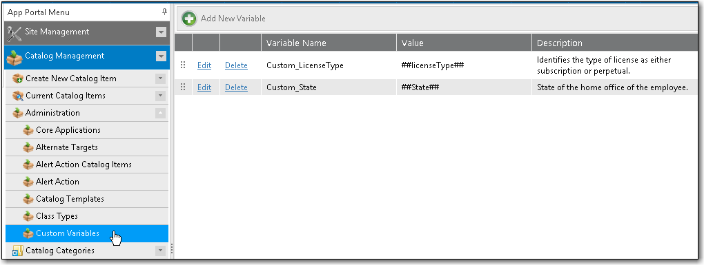 Catalog Management > Catalog > Custom Variables View