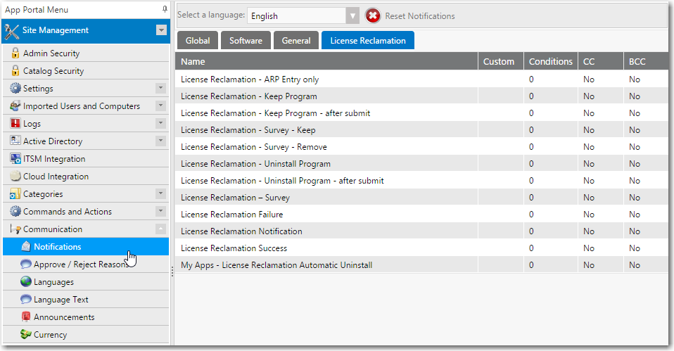 License Reclamation Tab of Site Management > Communication > Notifications