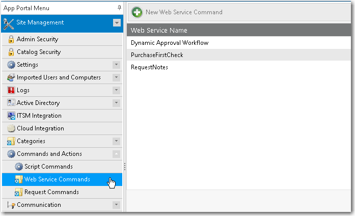 Commands and Actions > Web Service Commands View